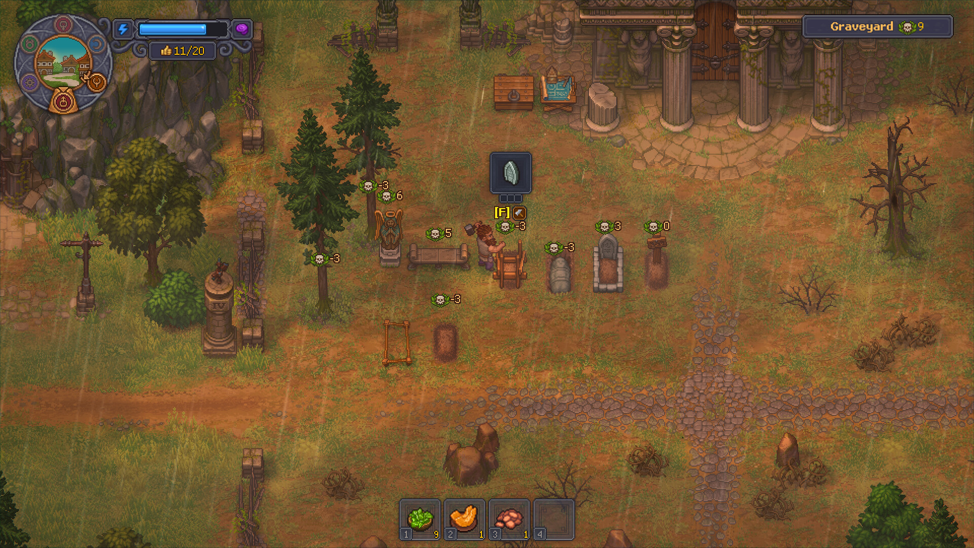 Town combat in Graveyard Keeper 2 with barricaded streets and enemy squads — the First Blood achievement and the Warmaker battle-item counter both live in fights like this — official Steam store screenshot