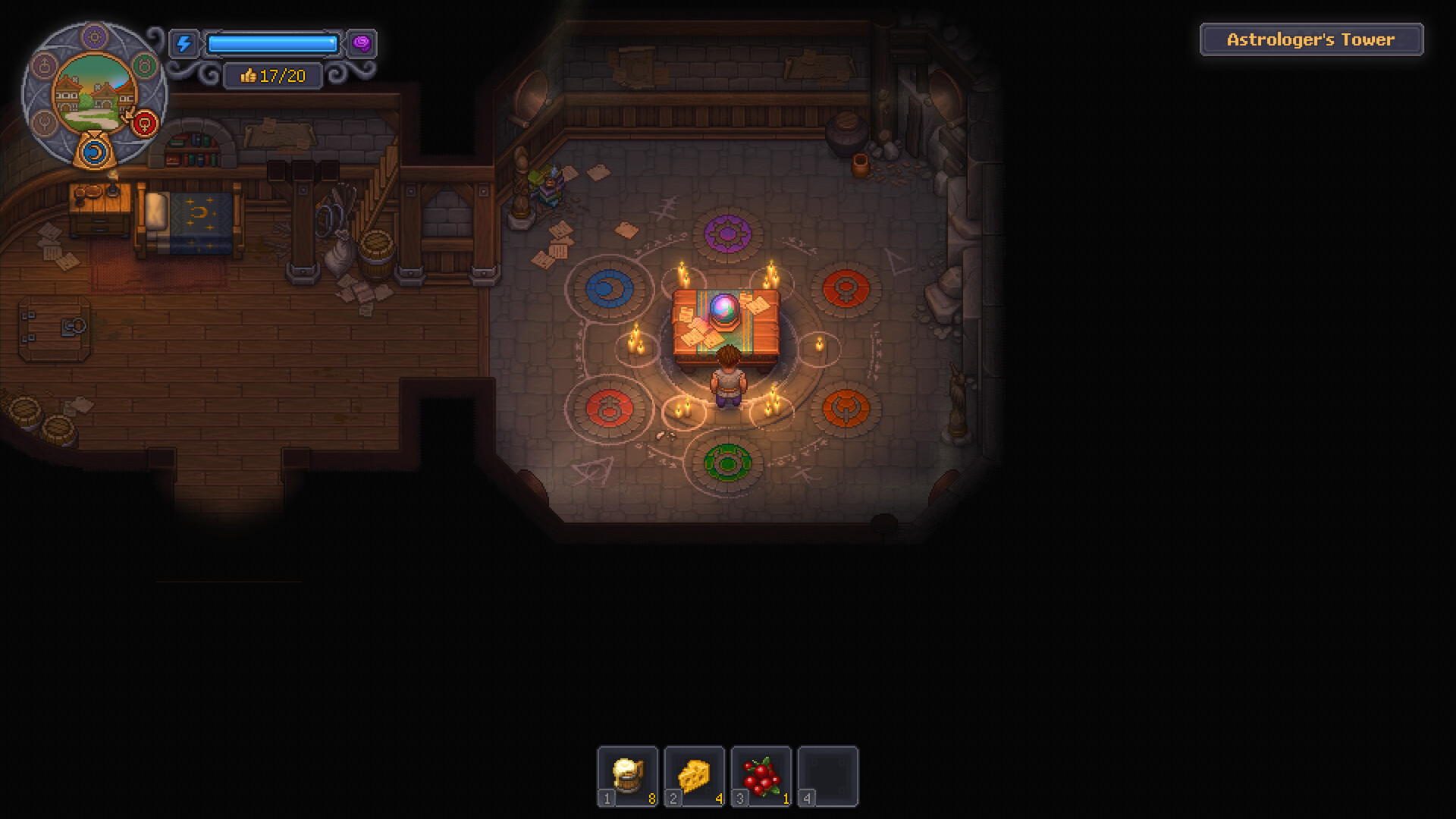 The Astrologer’s Tower interior in Graveyard Keeper 2, with the week wheel visible in the top-left corner — official Steam store screenshot