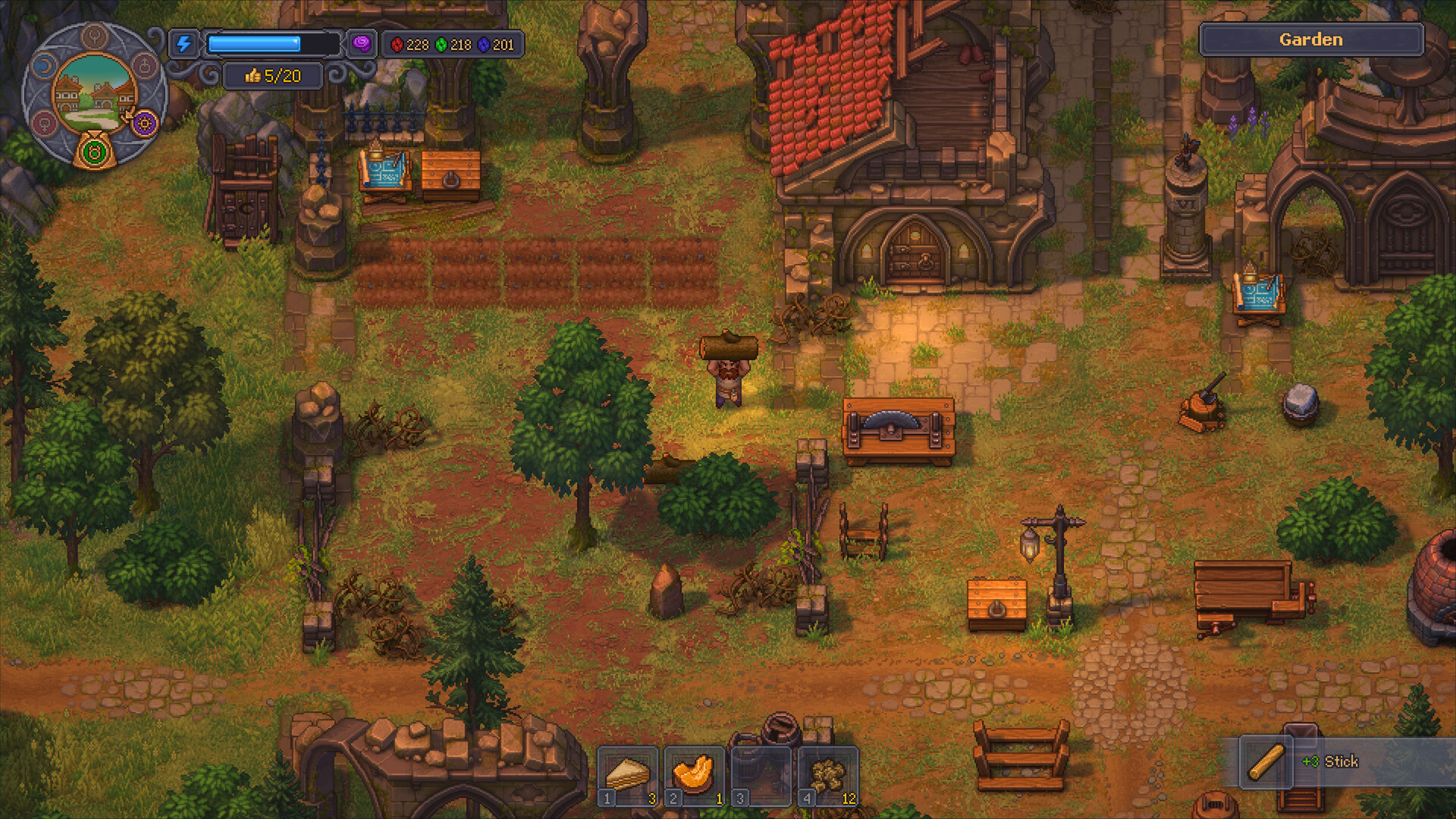 Early game in Graveyard Keeper 2: the Keeper carries a log near the garden while the blue energy bar and purple insanity meter show in the top-left HUD — official Steam store screenshot