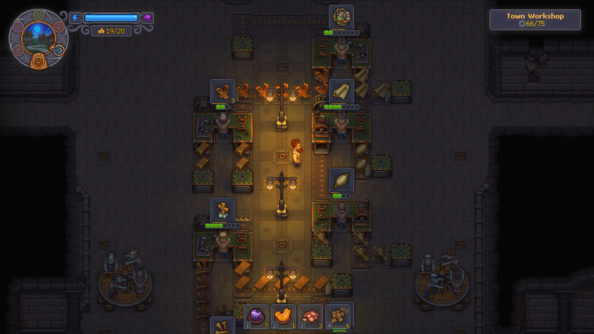 The Town Workshop interior at night in Graveyard Keeper 2, with zombie workers at two rows of stations and conveyor markers on the floor — official Steam store screenshot