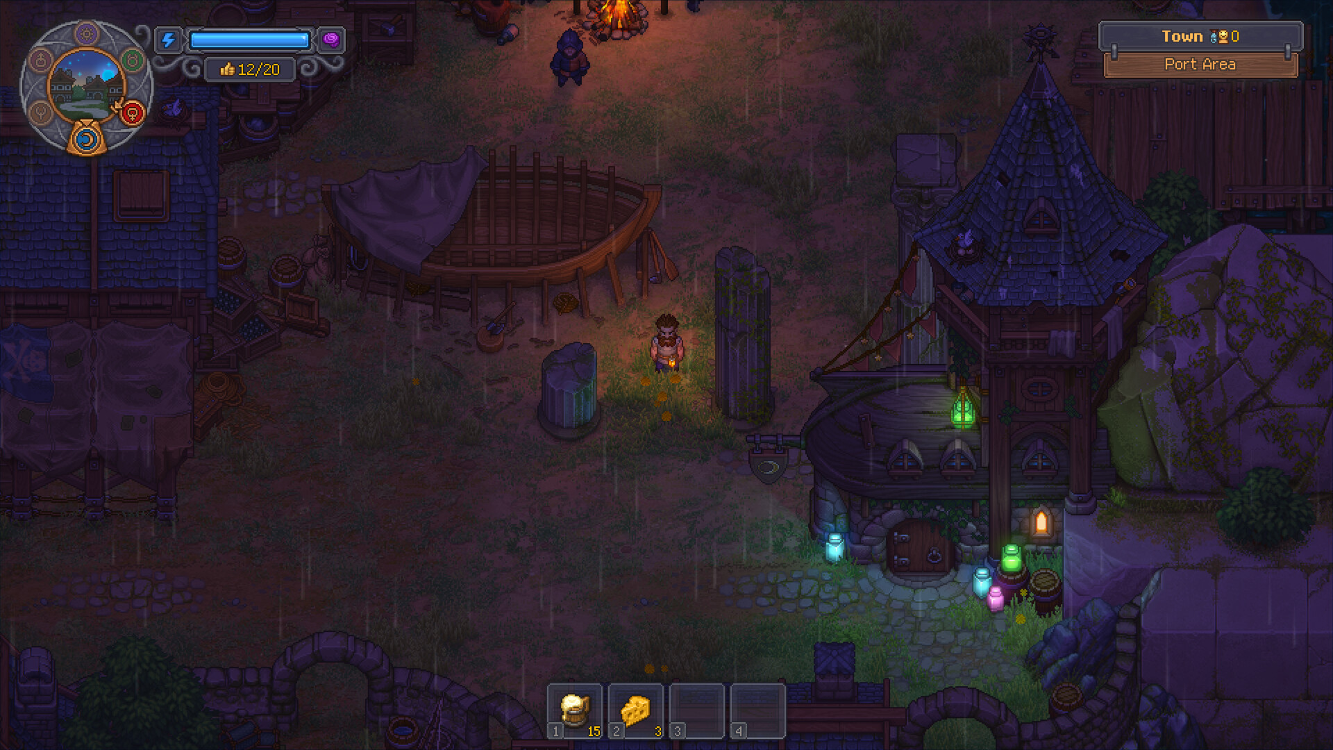 The Town’s port area at night in Graveyard Keeper 2, a distant district that earns its own milestone once you are hauling goods between the graveyard and the harbor — official Steam store screenshot