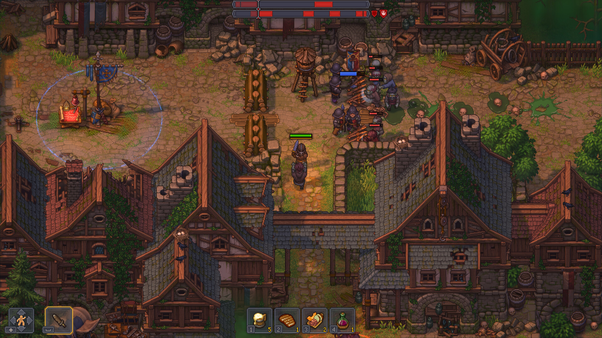 A town battle in Graveyard Keeper 2: zombie squads and barricades hold the street — getting squads to battles like this is why teleport-while-carrying matters — official Steam store screenshot