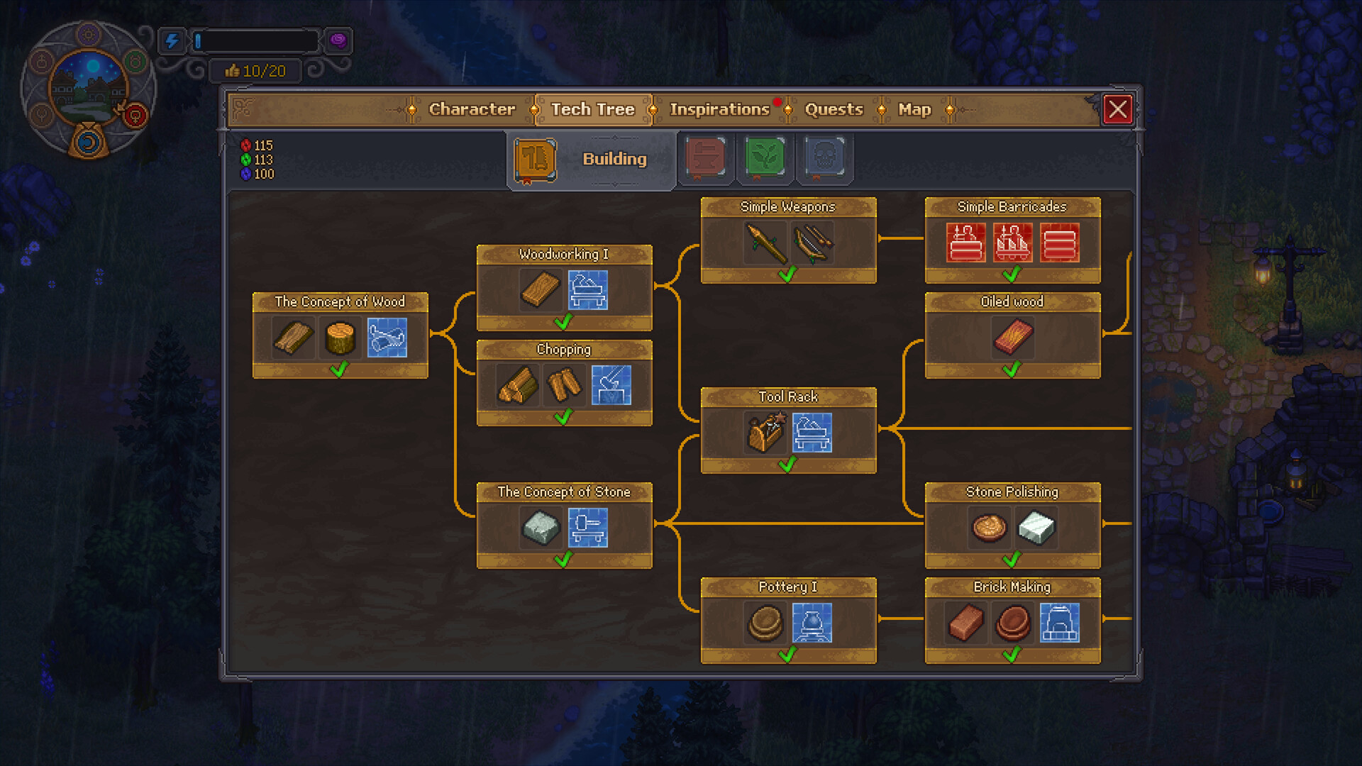 The Building tab of the in-game tech tree in Graveyard Keeper 2, with red, green, and blue point balances displayed above unlocked wood, stone, and pottery nodes — official Steam store screenshot